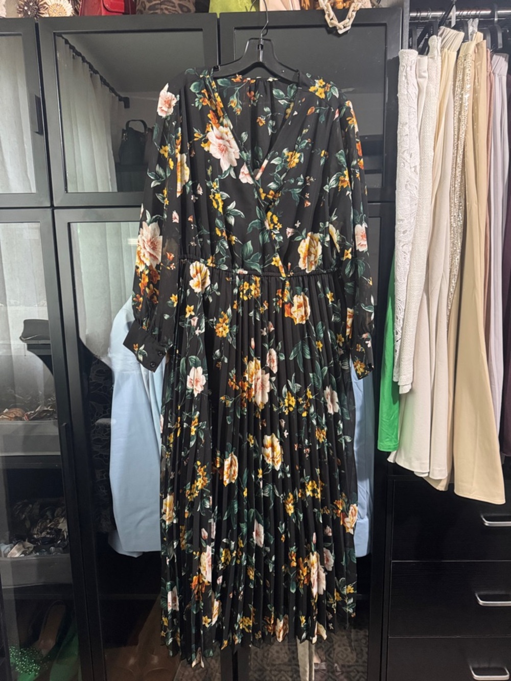 Black Floral Maxi Dress with Pleated Skirt